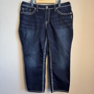 Silver Jeans Women's Suki High Capri Jeans Dark Wash Embroidered Pockets Size 18